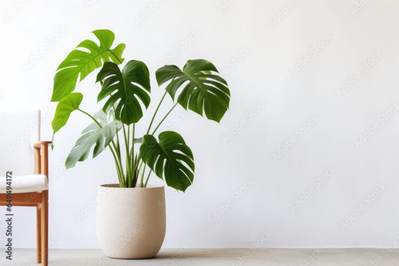 Beautiful monstera flower in a white pot. The concept of minimalism. room interior in scandinavian style. Empty white wall and copy space
