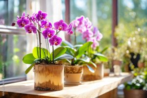 Lavish lilac blooms of the tropical phalaenopsis orchid enrich the indoor setting